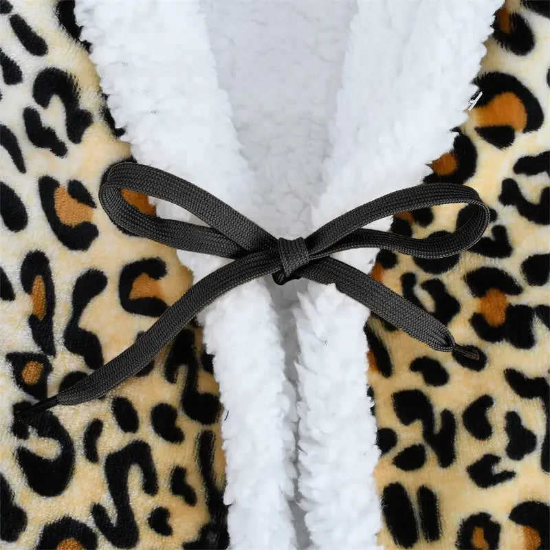 Leopard print warm wearable hooded blanket bedroom soft fleece shawl