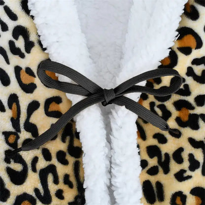 Leopard print warm wearable hooded blanket bedroom soft fleece shawl