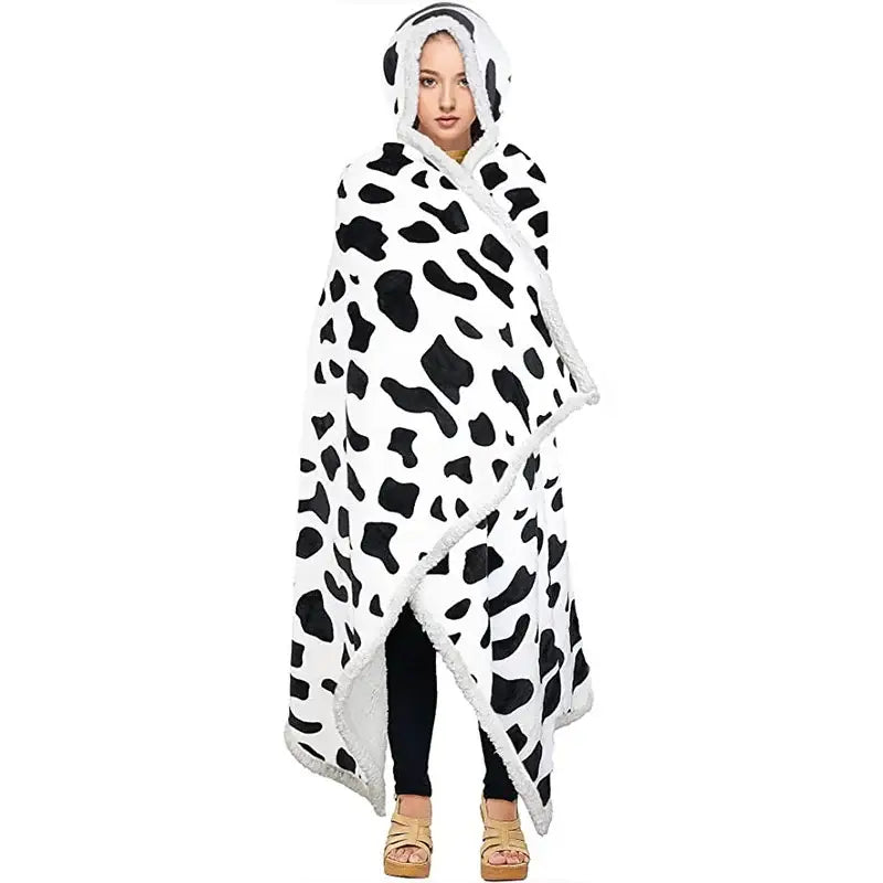 Leopard print warm wearable hooded blanket bedroom soft fleece shawl