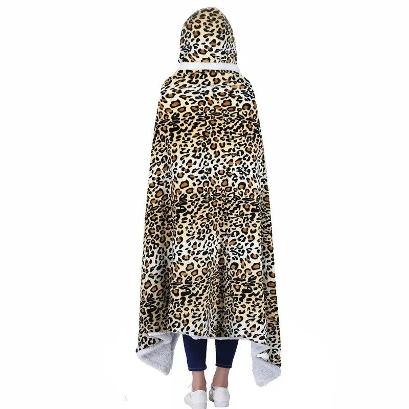 Leopard print warm wearable hooded blanket bedroom soft fleece shawl