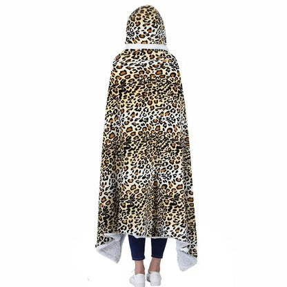 Leopard print warm wearable hooded blanket bedroom soft fleece shawl