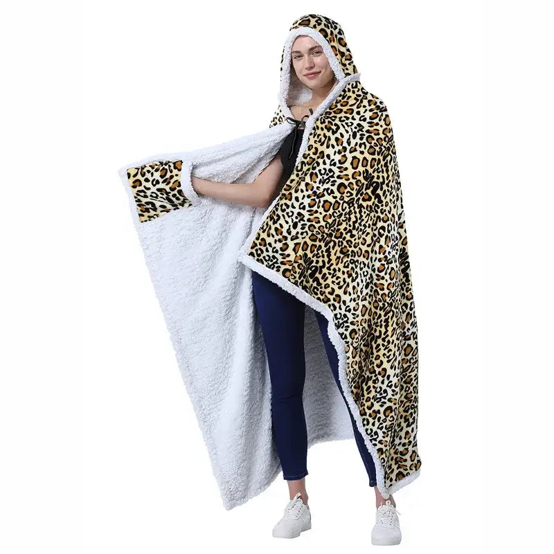 Leopard print warm wearable hooded blanket bedroom soft fleece shawl