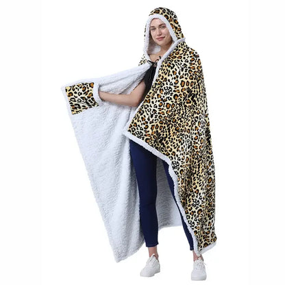 Leopard print warm wearable hooded blanket bedroom soft fleece shawl