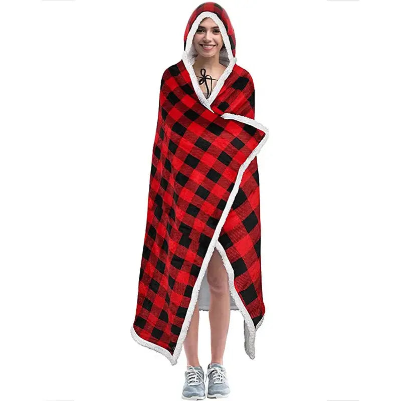 Leopard print warm wearable hooded blanket bedroom soft fleece shawl