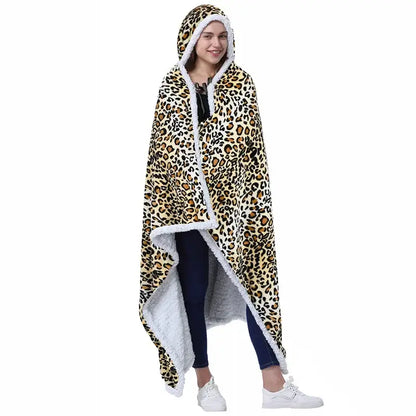 Leopard print warm wearable hooded blanket bedroom soft fleece shawl