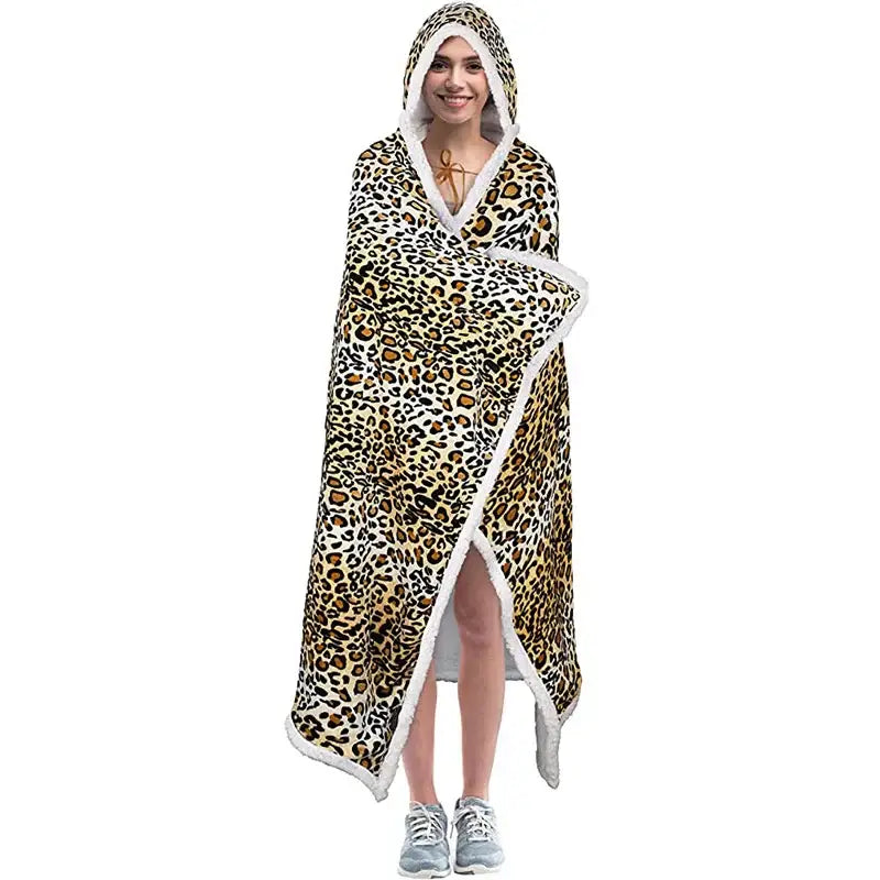 Leopard print warm wearable hooded blanket bedroom soft fleece shawl