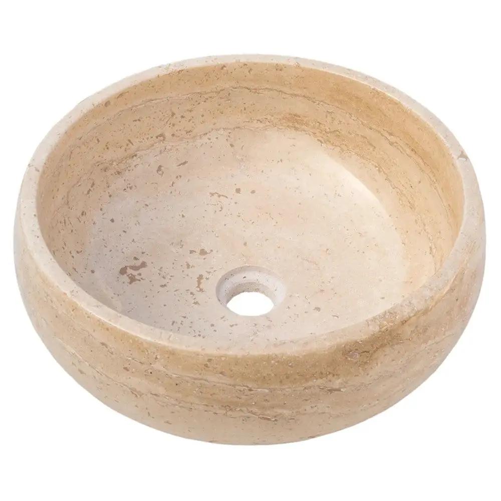 Light Beige Polished Travertine Vessel Bathroom Sink 16 Inch Round Natural Stone