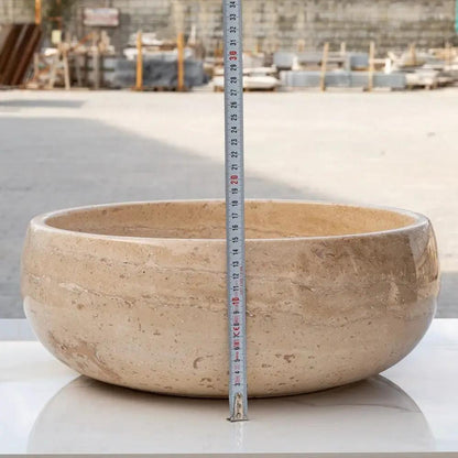 Light Beige Polished Travertine Vessel Bathroom Sink 16 Inch Round Natural Stone