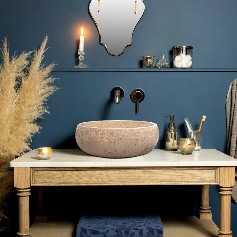 Light Beige Polished Travertine Vessel Bathroom Sink 16 Inch Round Natural Stone