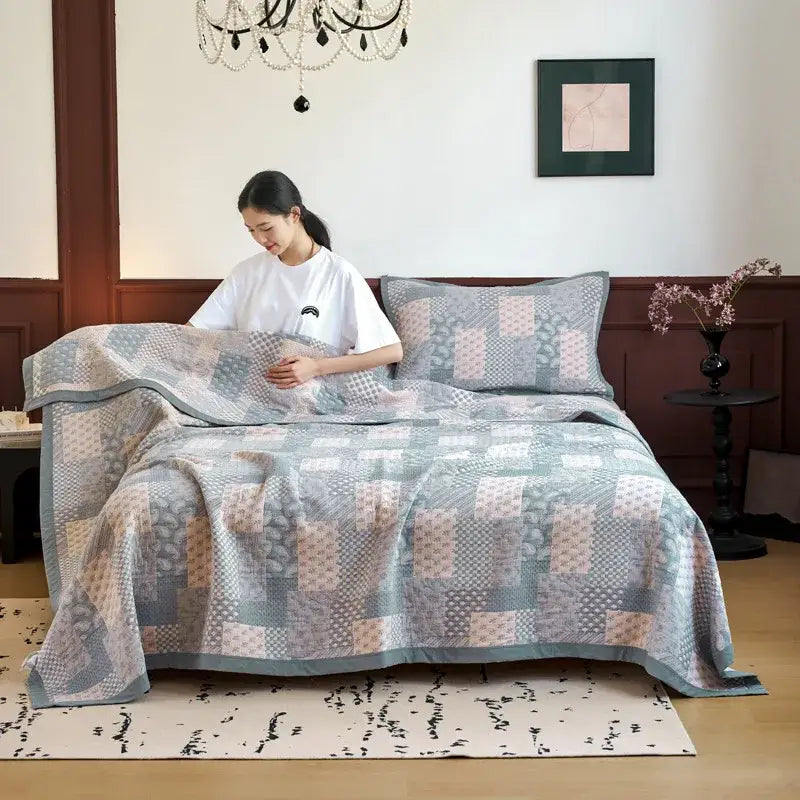 Light blue and gray cotton summer cool quilt bedroom towel blanket