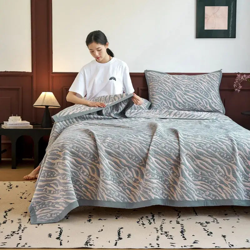 Light blue and gray cotton summer cool quilt bedroom towel blanket