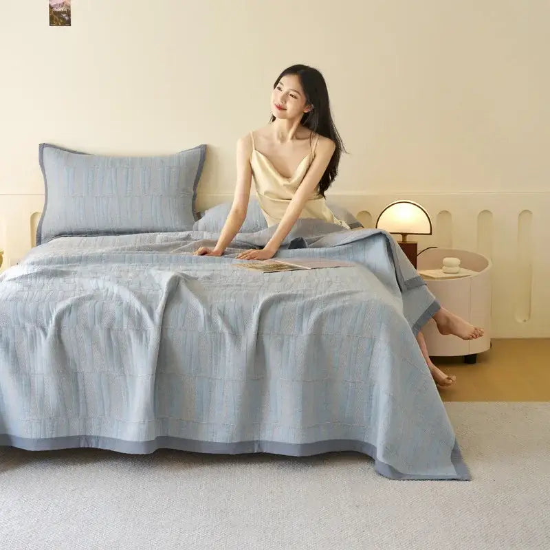 Light blue and gray cotton summer cool quilt bedroom towel blanket