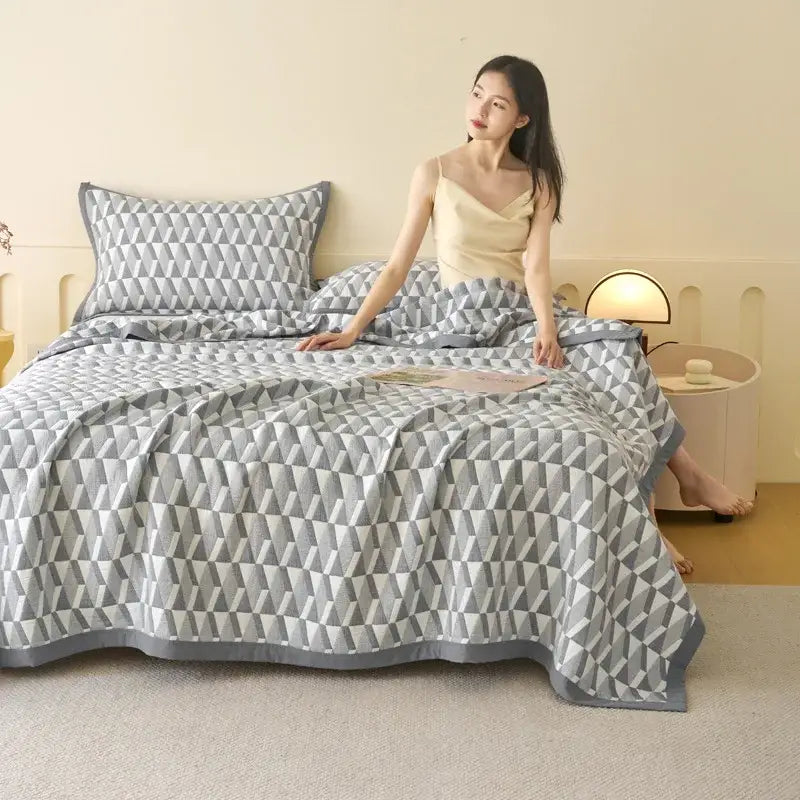 Light blue and gray cotton summer cool quilt bedroom towel blanket