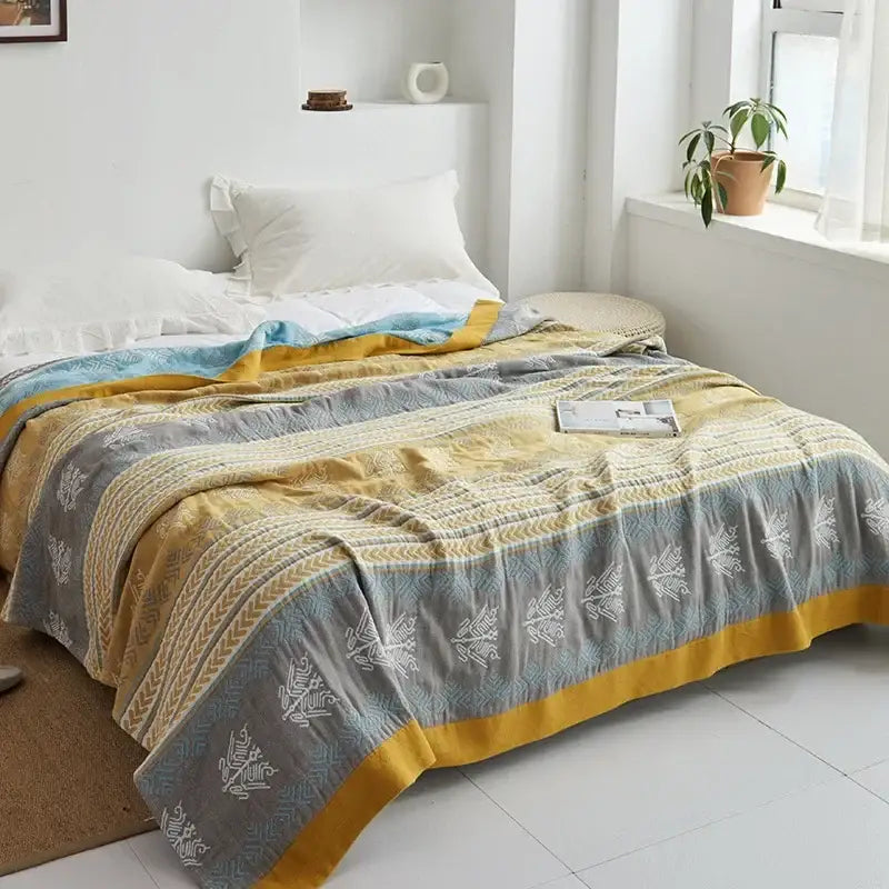 Light blue and white leaf cotton gauze towel throw – bedroom blanket