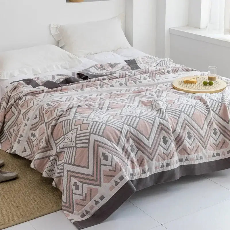 Light blue and white leaf cotton gauze towel throw – bedroom blanket