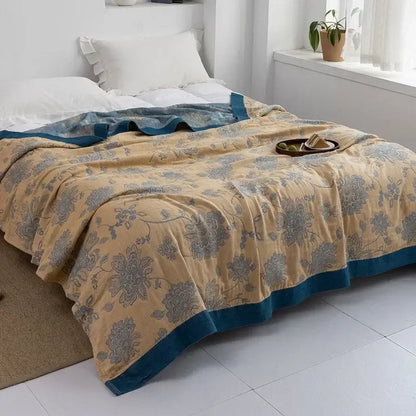 Light blue and white leaf cotton gauze towel throw – bedroom blanket