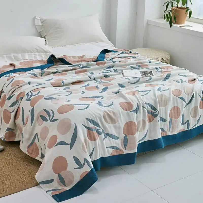 Light blue and white leaf cotton gauze towel throw – bedroom blanket
