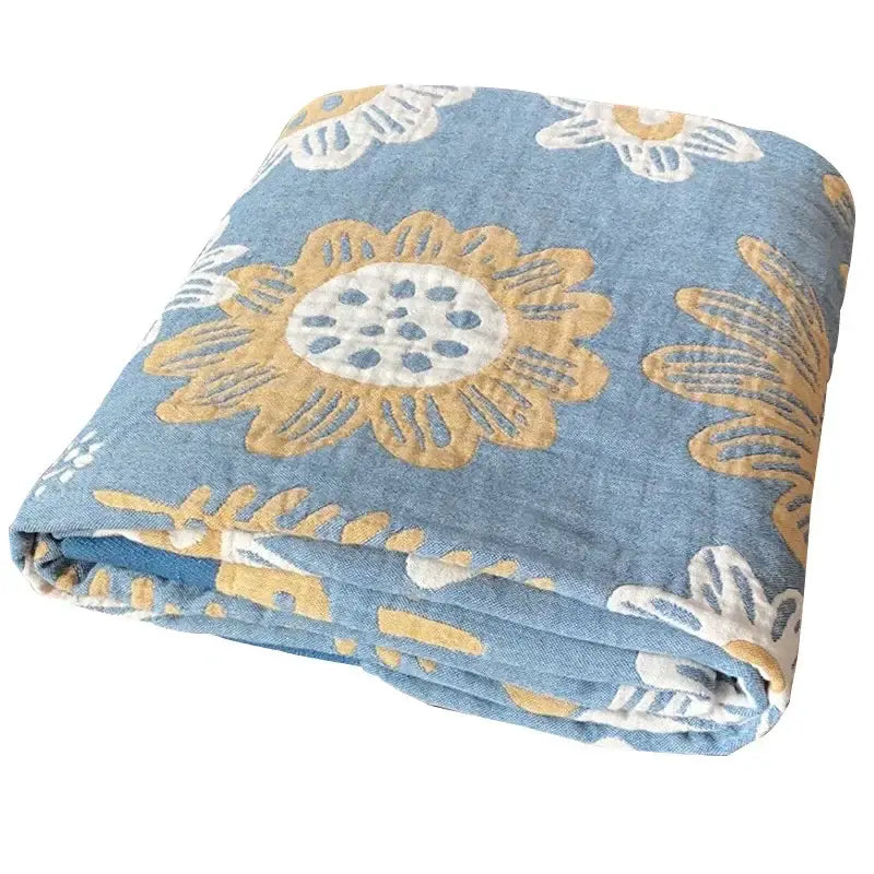 Light blue and white leaf cotton gauze towel throw – bedroom blanket