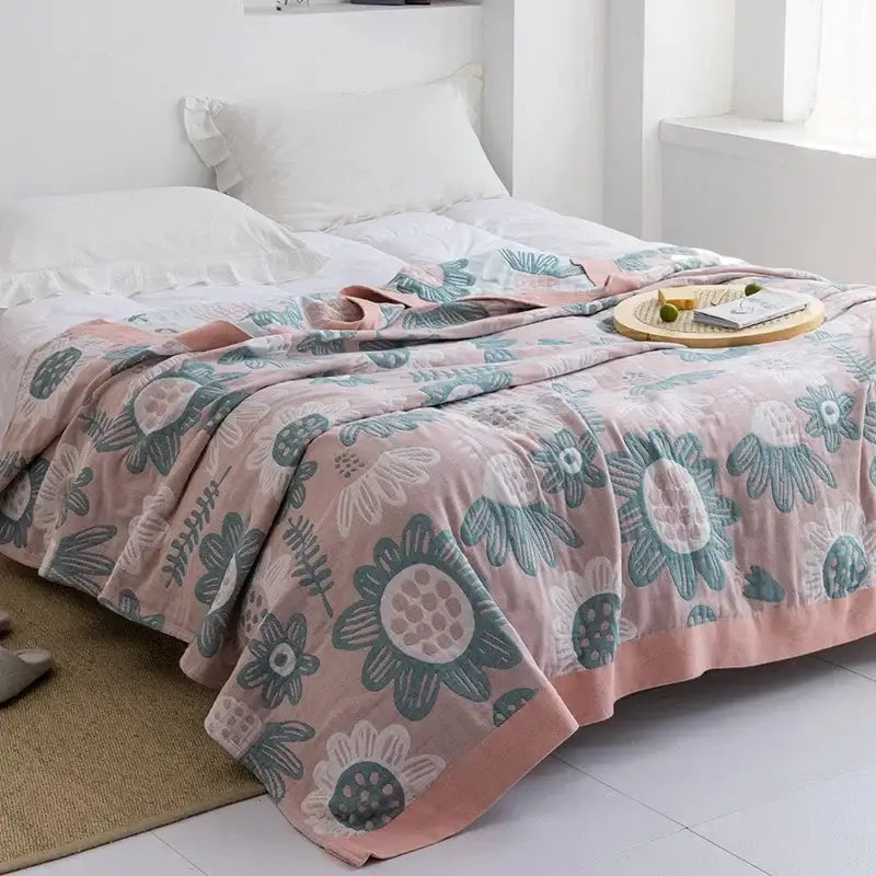 Light blue and white leaf cotton gauze towel throw – bedroom blanket