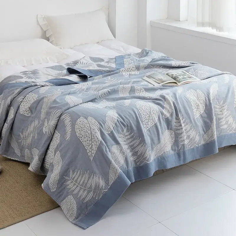 Light blue and white leaf cotton gauze towel throw – bedroom blanket