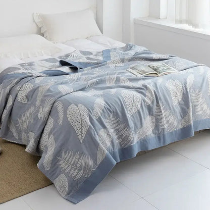 Light blue and white leaf cotton gauze towel throw – bedroom blanket