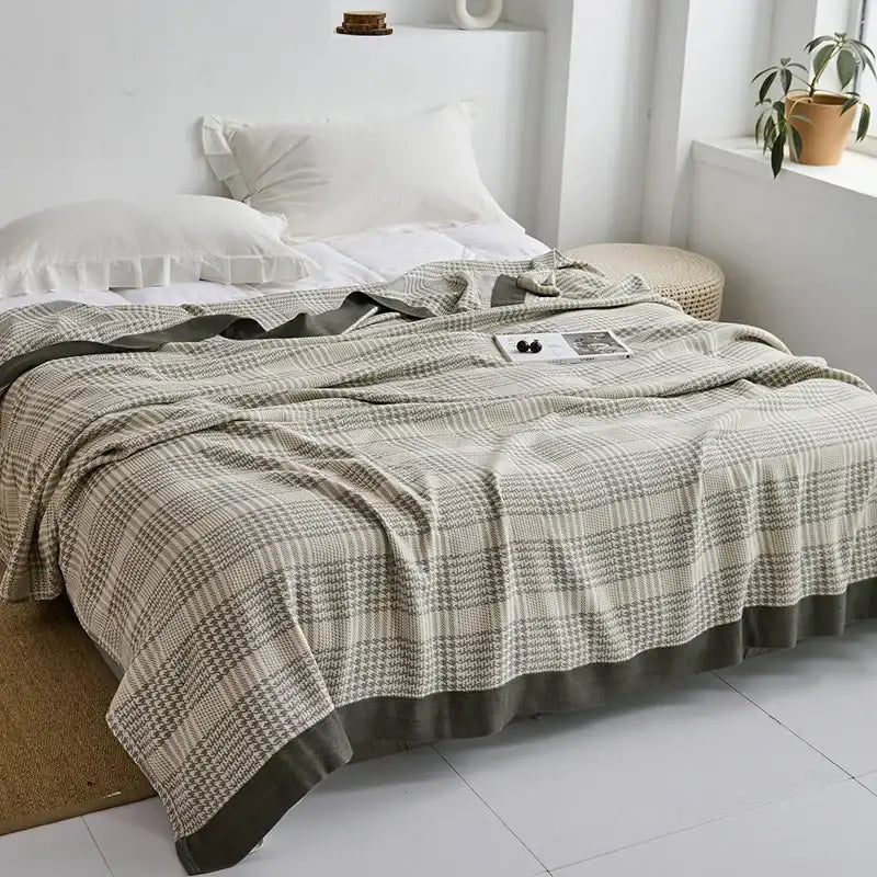 Light blue and white leaf cotton gauze towel throw – bedroom blanket