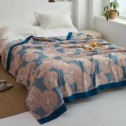 Light blue and white leaf cotton gauze towel throw – bedroom blanket