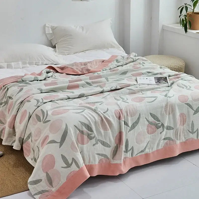 Light blue and white leaf cotton gauze towel throw – bedroom blanket
