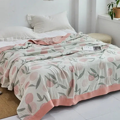 Light blue and white leaf cotton gauze towel throw – bedroom blanket