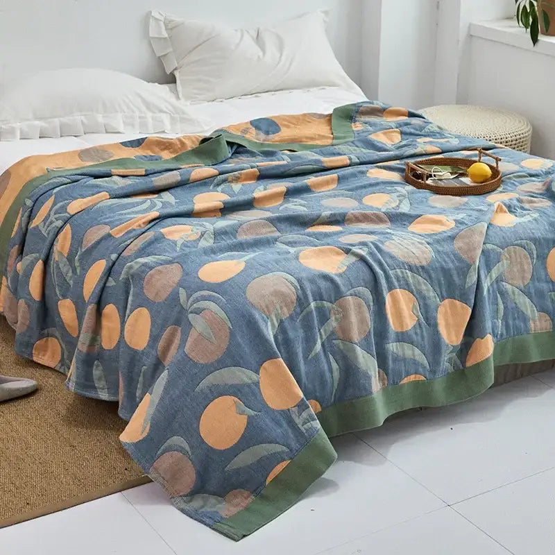 Light blue and white leaf cotton gauze towel throw – bedroom blanket