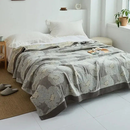 Light blue and white leaf cotton gauze towel throw – bedroom blanket
