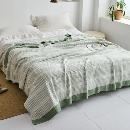 Light blue and white leaf cotton gauze towel throw – bedroom blanket
