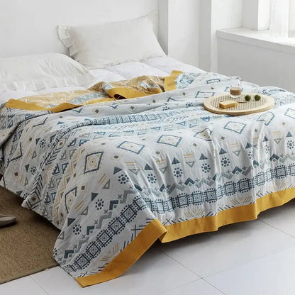 Light blue and white leaf cotton gauze towel throw – bedroom blanket
