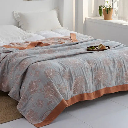 Light blue and white leaf cotton gauze towel throw – bedroom blanket