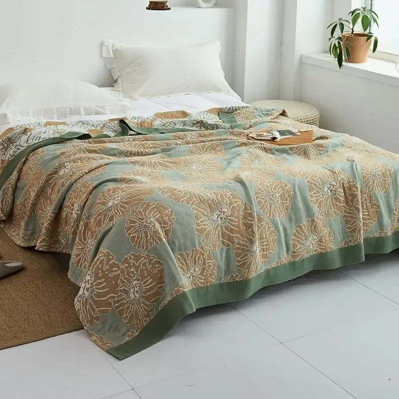 Light blue and white leaf cotton gauze towel throw – bedroom blanket