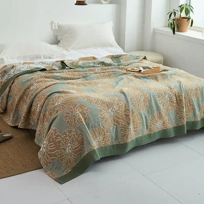 Light blue and white leaf cotton gauze towel throw – bedroom blanket