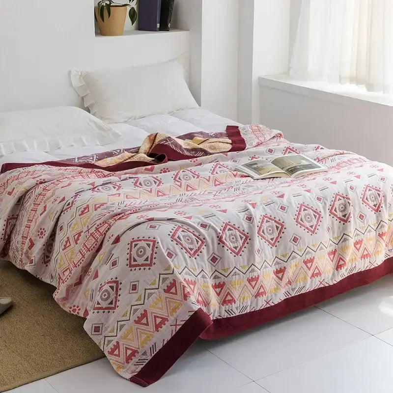 Light blue and white leaf cotton gauze towel throw – bedroom blanket