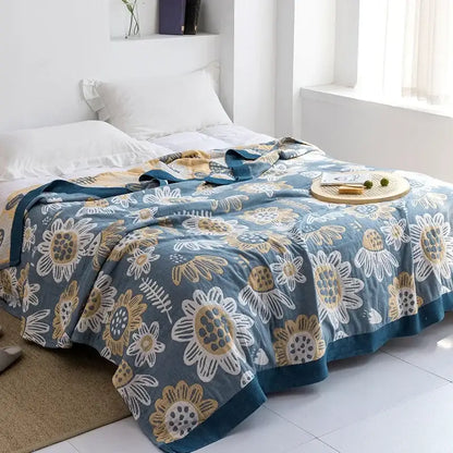 Light blue and white leaf cotton gauze towel throw – bedroom blanket