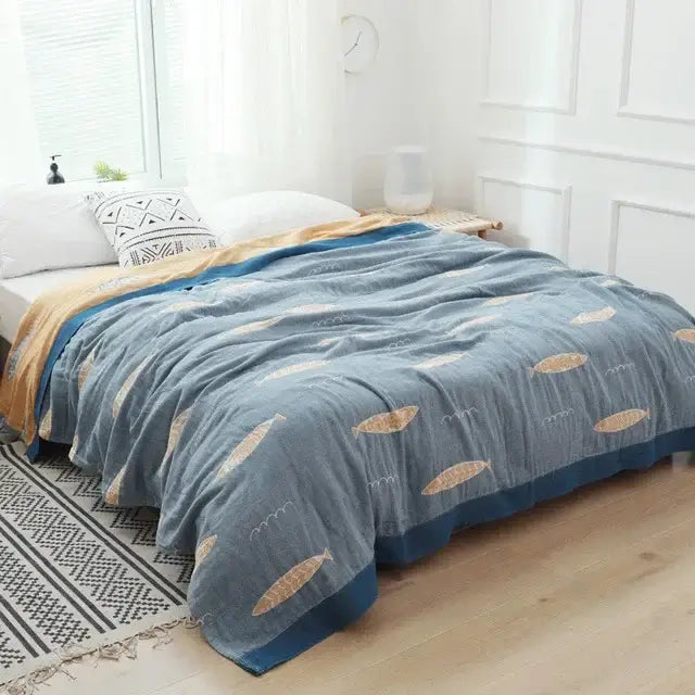 Light blue and white leaf cotton gauze towel throw – bedroom blanket