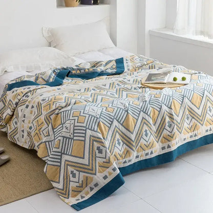 Light blue and white leaf cotton gauze towel throw – bedroom blanket