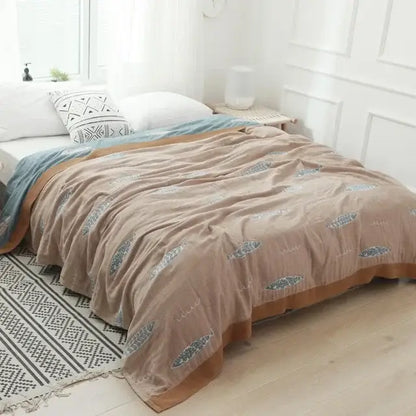 Light blue and white leaf cotton gauze towel throw – bedroom blanket