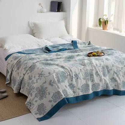 Light blue and white leaf cotton gauze towel throw – bedroom blanket