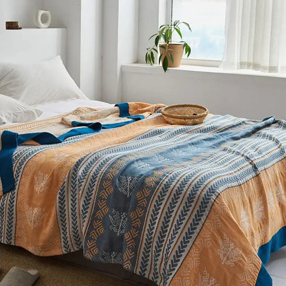 Light blue and white leaf cotton gauze towel throw – bedroom blanket