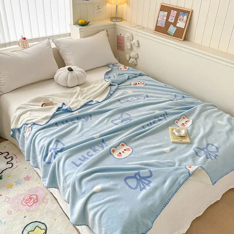 Light blue bear pattern cozy milk velvet blanket bedroom travel shawl