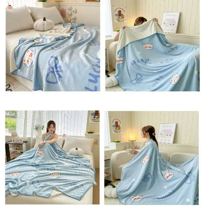 Light blue bear pattern cozy milk velvet blanket bedroom travel shawl
