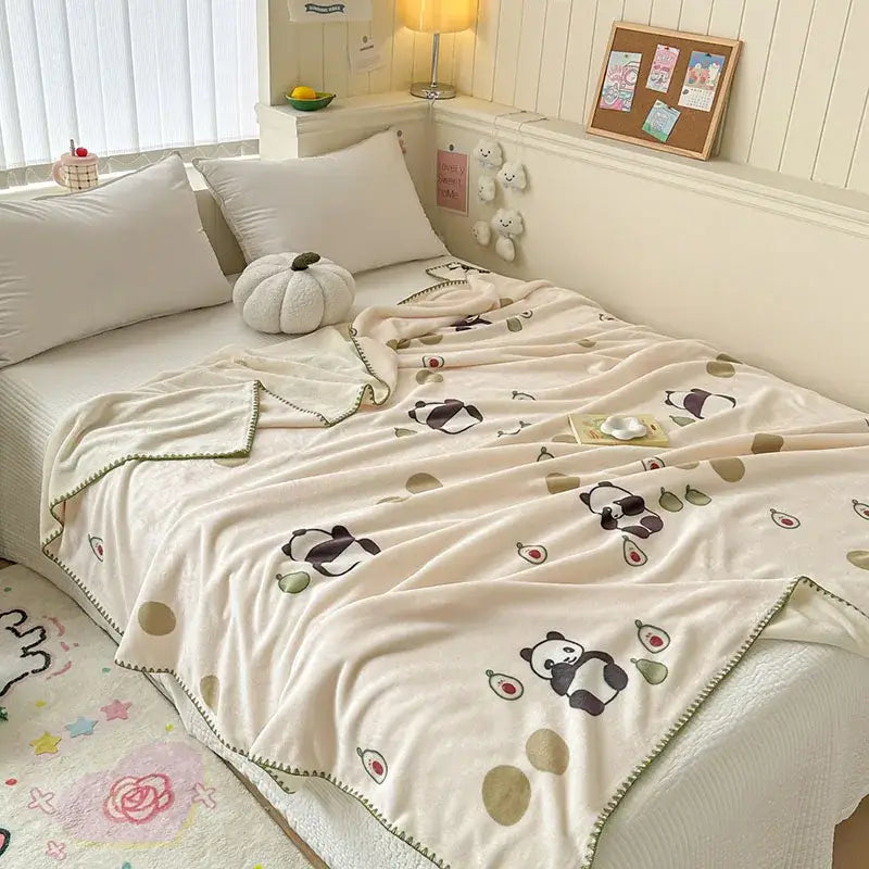 Light blue bear pattern cozy milk velvet blanket bedroom travel shawl