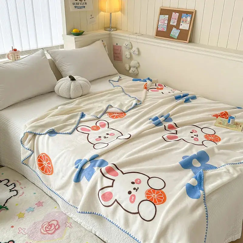 Light blue bear pattern cozy milk velvet blanket bedroom travel shawl