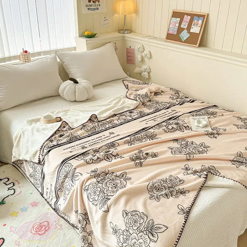 Light blue bear pattern cozy milk velvet blanket bedroom travel shawl