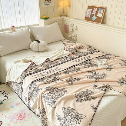 Light blue bear pattern cozy milk velvet blanket bedroom travel shawl
