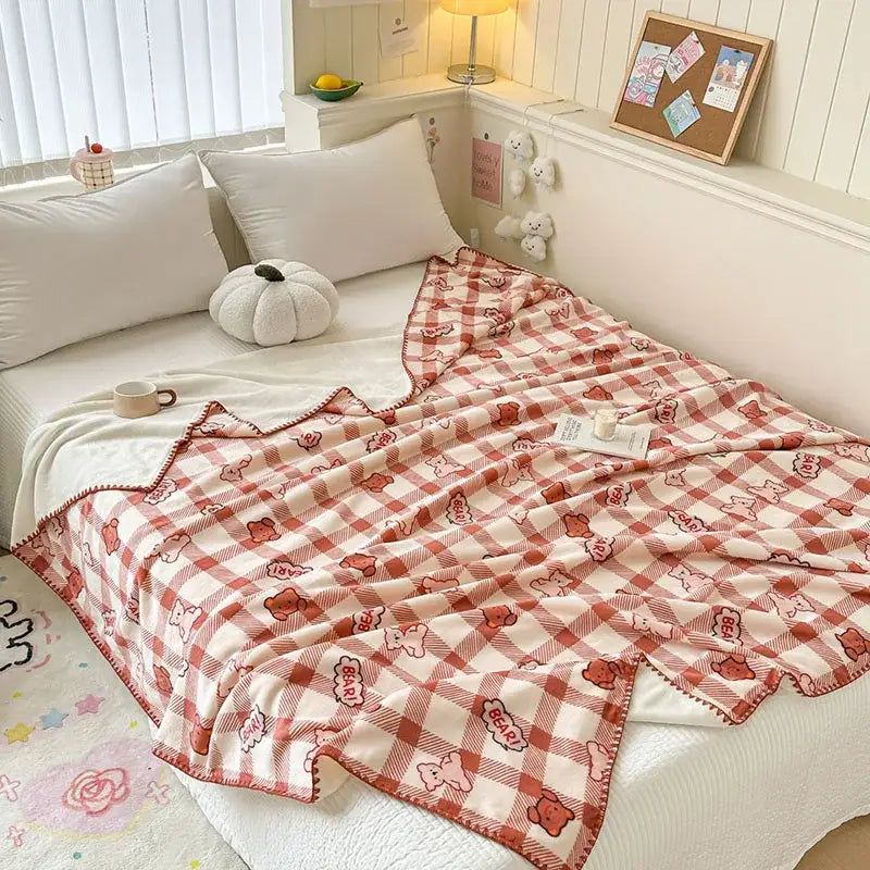 Light blue bear pattern cozy milk velvet blanket bedroom travel shawl